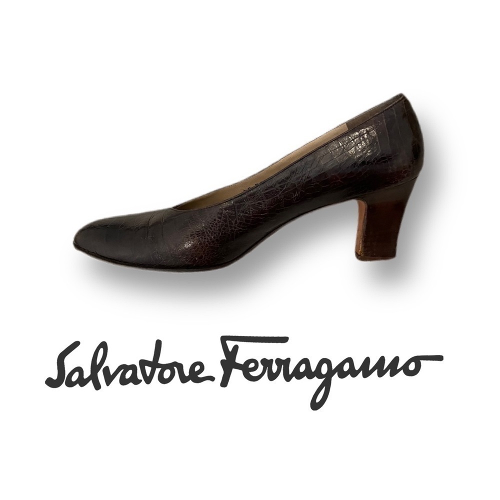 𝅺Salvatore Ferragamo Brown Croc Embossed Heels